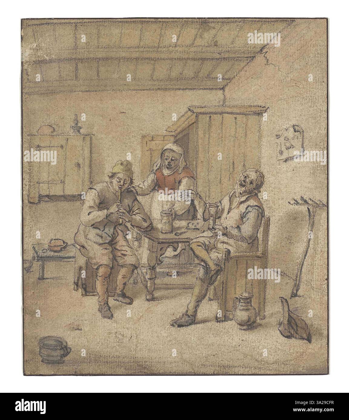 Ce tableau attribué, *Merry Company*, de Joos van Craesbeeck, illustre un rassemblement animé de personnages dans une atmosphère festive typique de la vie sociale du XVIIe siècle. Banque D'Images