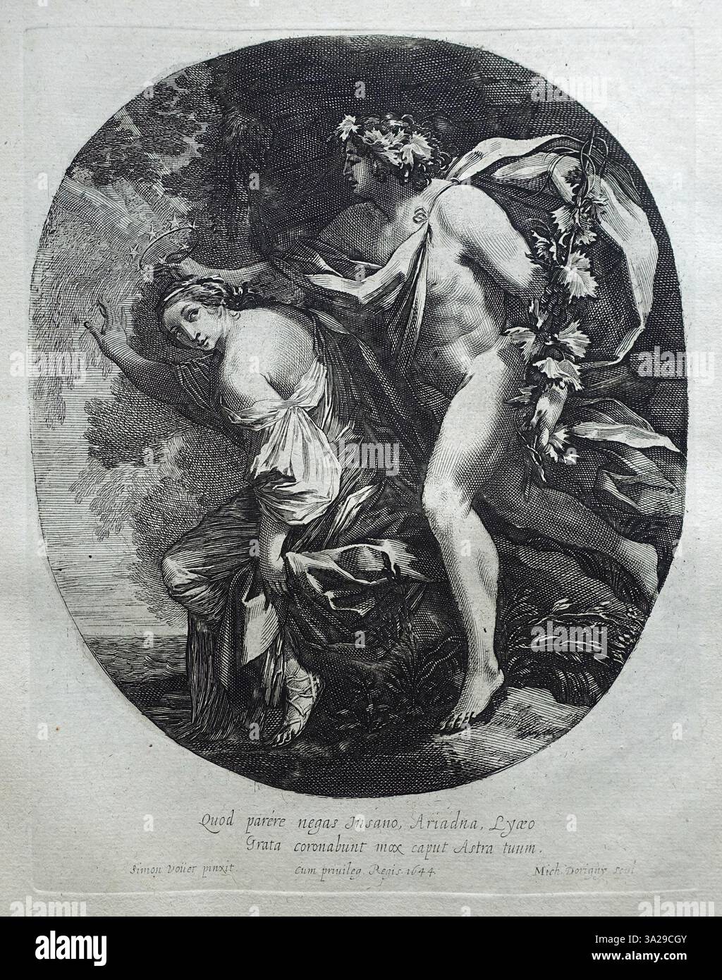 Bacchus est représenté debout à droite, plaçant une couronne d'étoiles sur la tête d'Ariane dans cette composition ovale, symbolisant leur romance divine et l'union de l'amour et de la mythologie. Banque D'Images