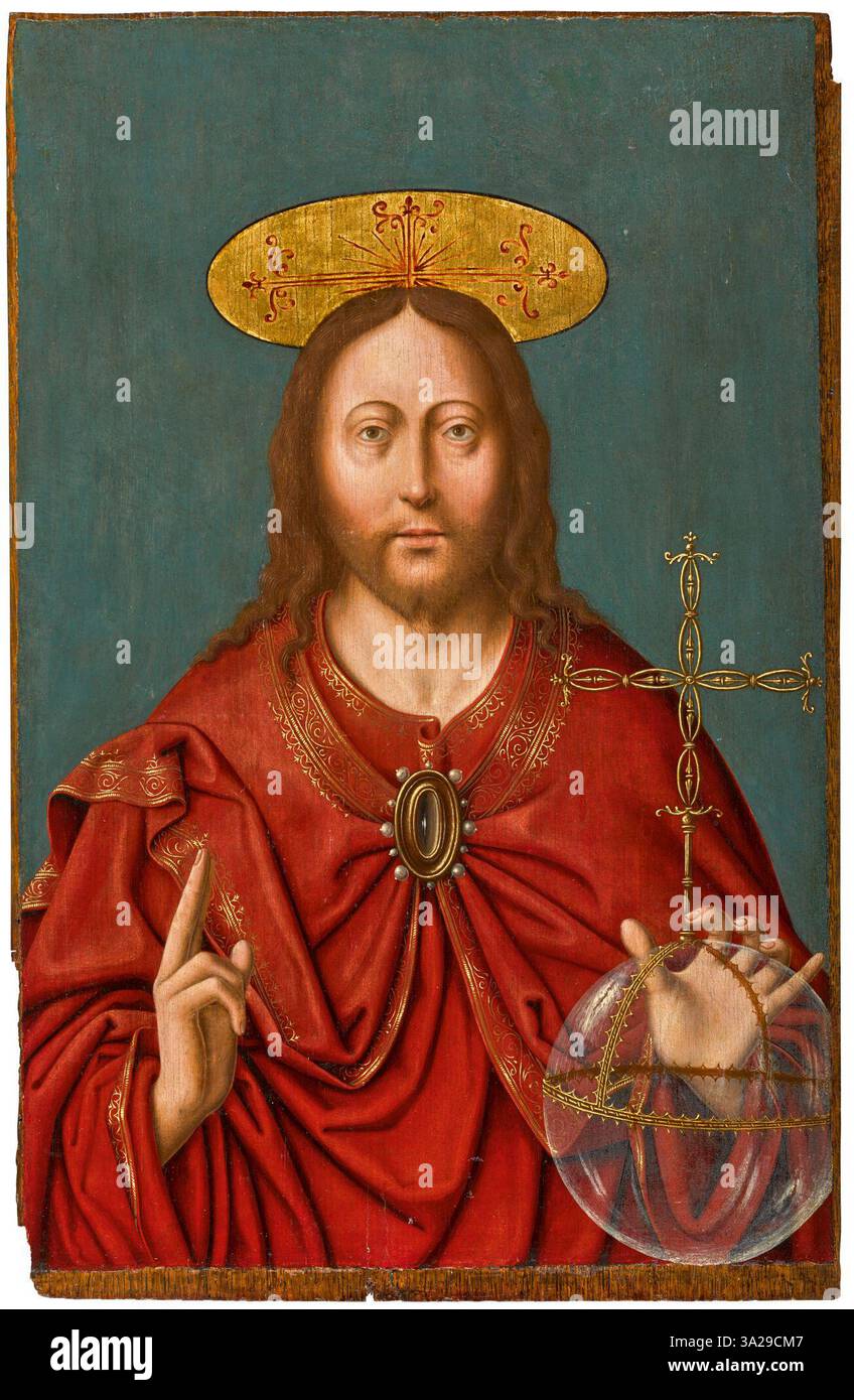 Ce 'Salvator Mundi' attribué au cercle de Joos van Cleve présente le Christ comme le Sauveur du monde, offrant une bénédiction d'une main et tenant un orbe de cristal dans l'autre. La pièce remonte à environ 1485-1540/1541. Banque D'Images