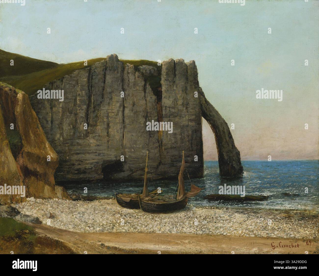Falaises d'Étretat de Gustave Courbet capture les falaises blanches saisissantes d'Étretat sur la côte normande. La représentation vivante de la peinture des formations rocheuses naturelles et de la mer incarne l’engagement de Courbet pour une représentation réaliste du paysage. Banque D'Images Falaises d'Étretat de Gustave Courbet capture les falaises blanches saisissantes d'Étretat sur la côte normande. La représentation vivante de la peinture des formations rocheuses naturelles et de la mer incarne l’engagement de Courbet pour une représentation réaliste du paysage. Banque D'Images