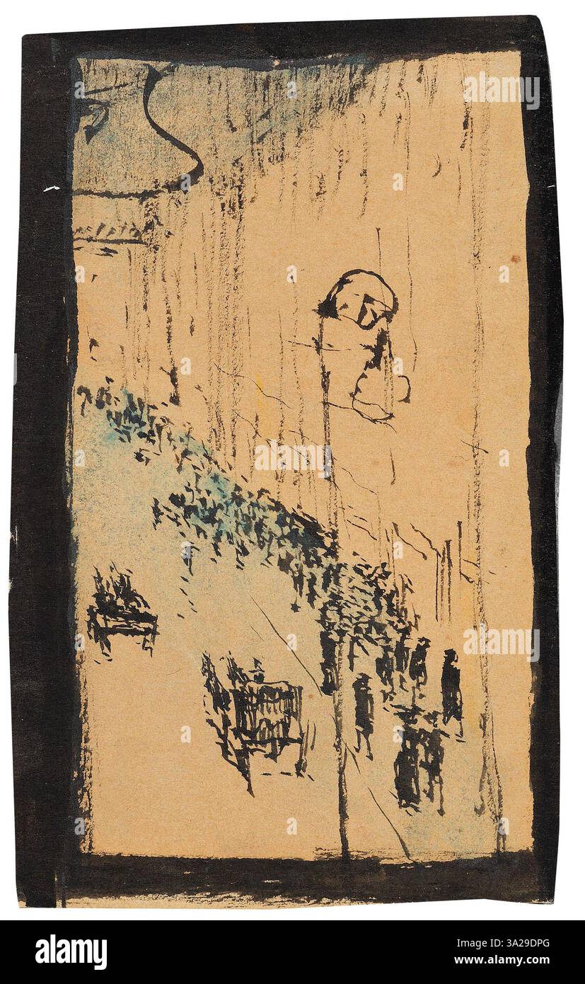 Strasse in Paris (Street in Paris) d'August Macke dépeint une scène de rue parisienne animée de 1907. L'œuvre capture l'atmosphère vibrante de la ville, avec des personnages se déplaçant à travers un cadre urbain animé. Banque D'Images