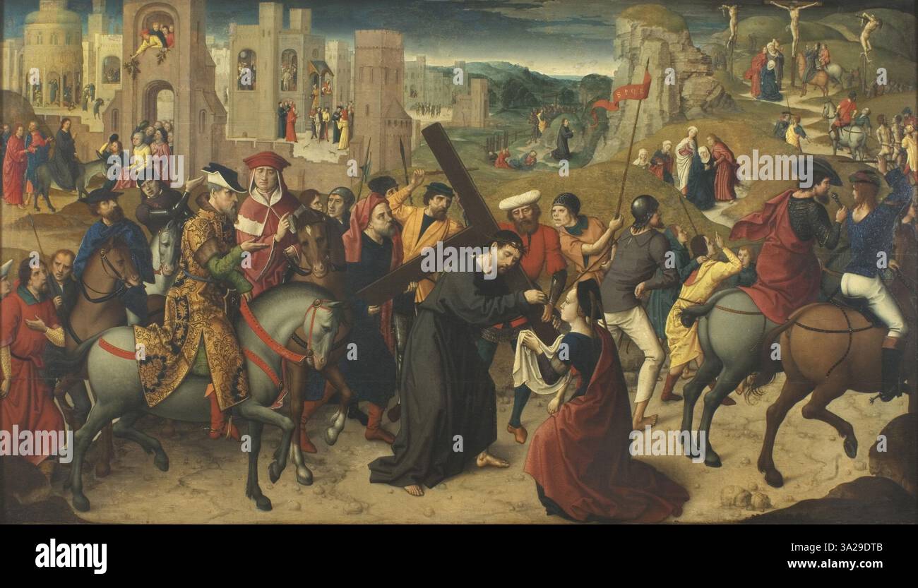Cette œuvre représente des moments clés de la passion du Christ : le Christ portant la croix, son entrée à Jérusalem, et d'autres événements importants comme la Cène. La représentation vivante de ces scènes sacrées est caractéristique de la fin du XVe siècle. Banque D'Images