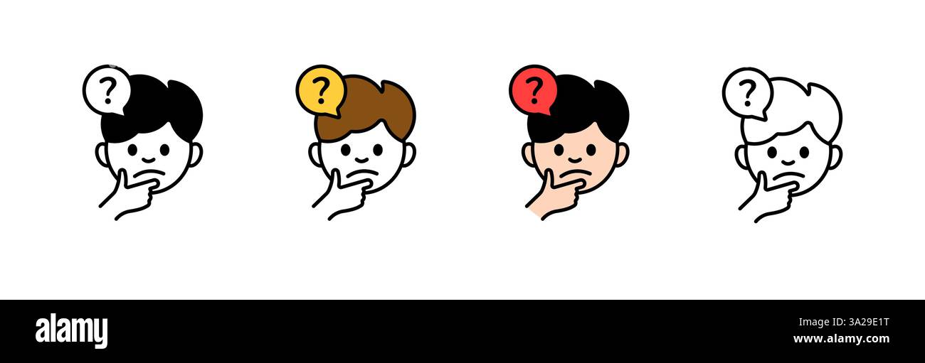 Personnages de dessin animé pensant avec des points d'interrogation dans différents styles et couleurs Illustration de Vecteur