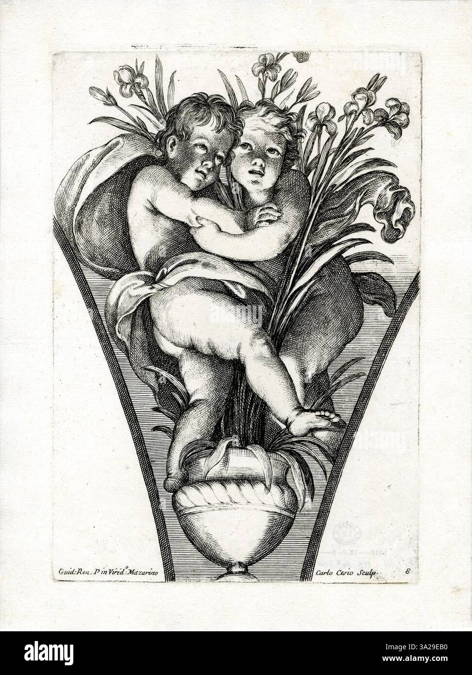Dans cette gravure, Carlo Cesio dépeint deux putti interagissant de manière ludique près d'une plante d'iris en pot. Les détails fins et les lignes délicates reflètent l’interprétation de Cesio du baroque compris Banque D'Images
