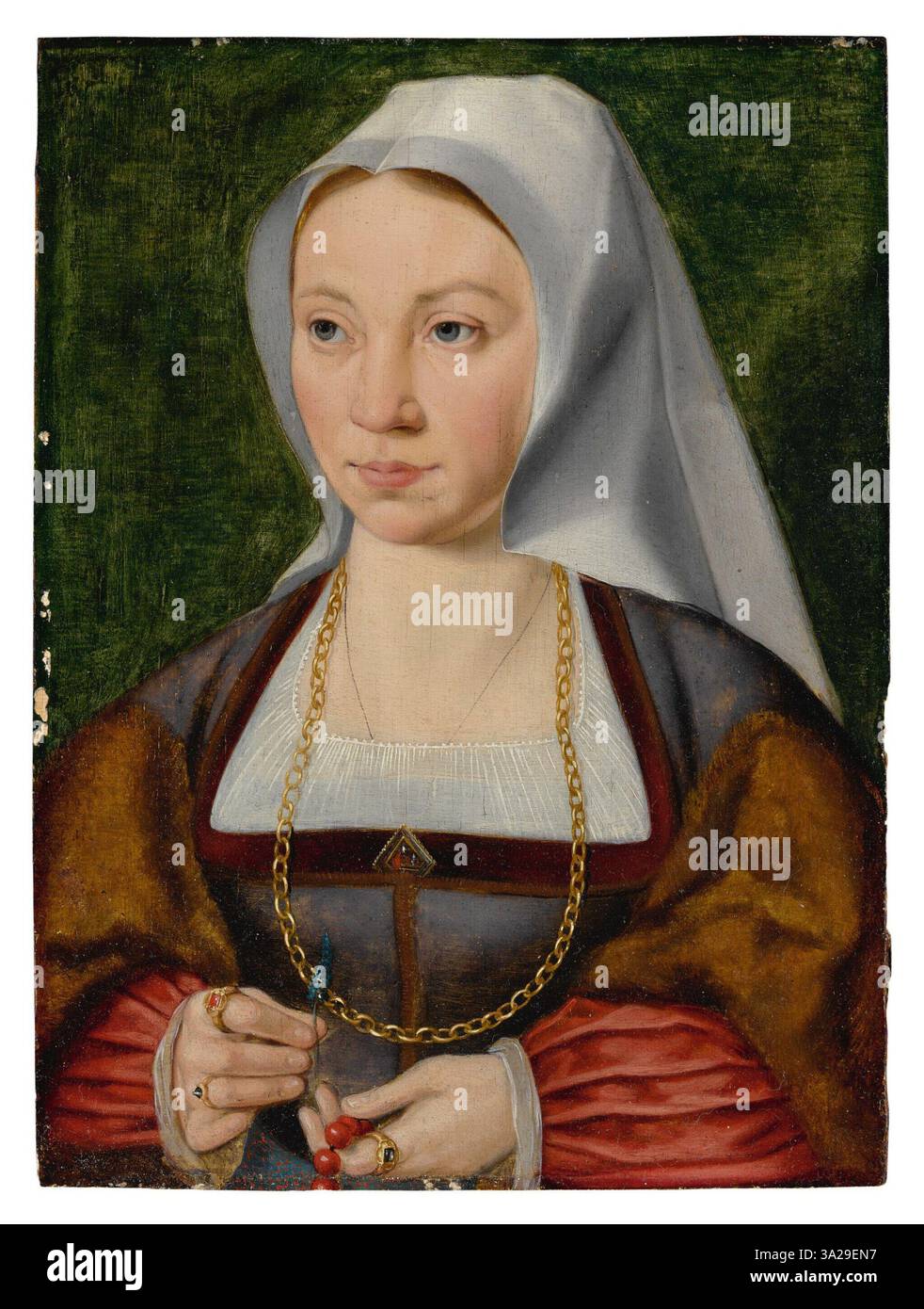 Ce portrait montre une dame tenant un chapelet et une fleur, symboles de foi et de pureté. La peinture souligne sa présence digne et la signification spirituelle de ses vêtements et accessoires. Banque D'Images