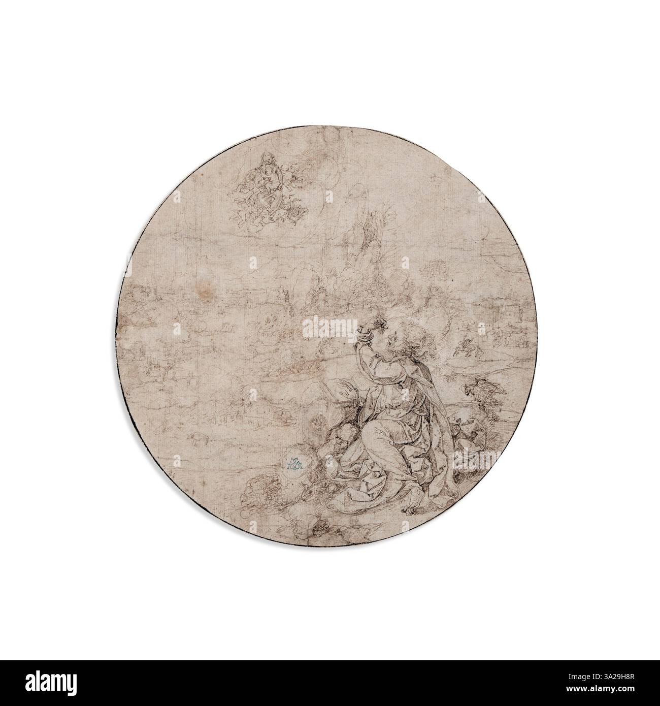 Cette représentation de Jan Gossaert illustre Jean l'évangéliste sur l'île de Patmos, traditionnellement considérée comme le lieu de sa révélation. La peinture capture l'isolement spirituel et l'inspiration divine du saint. Banque D'Images