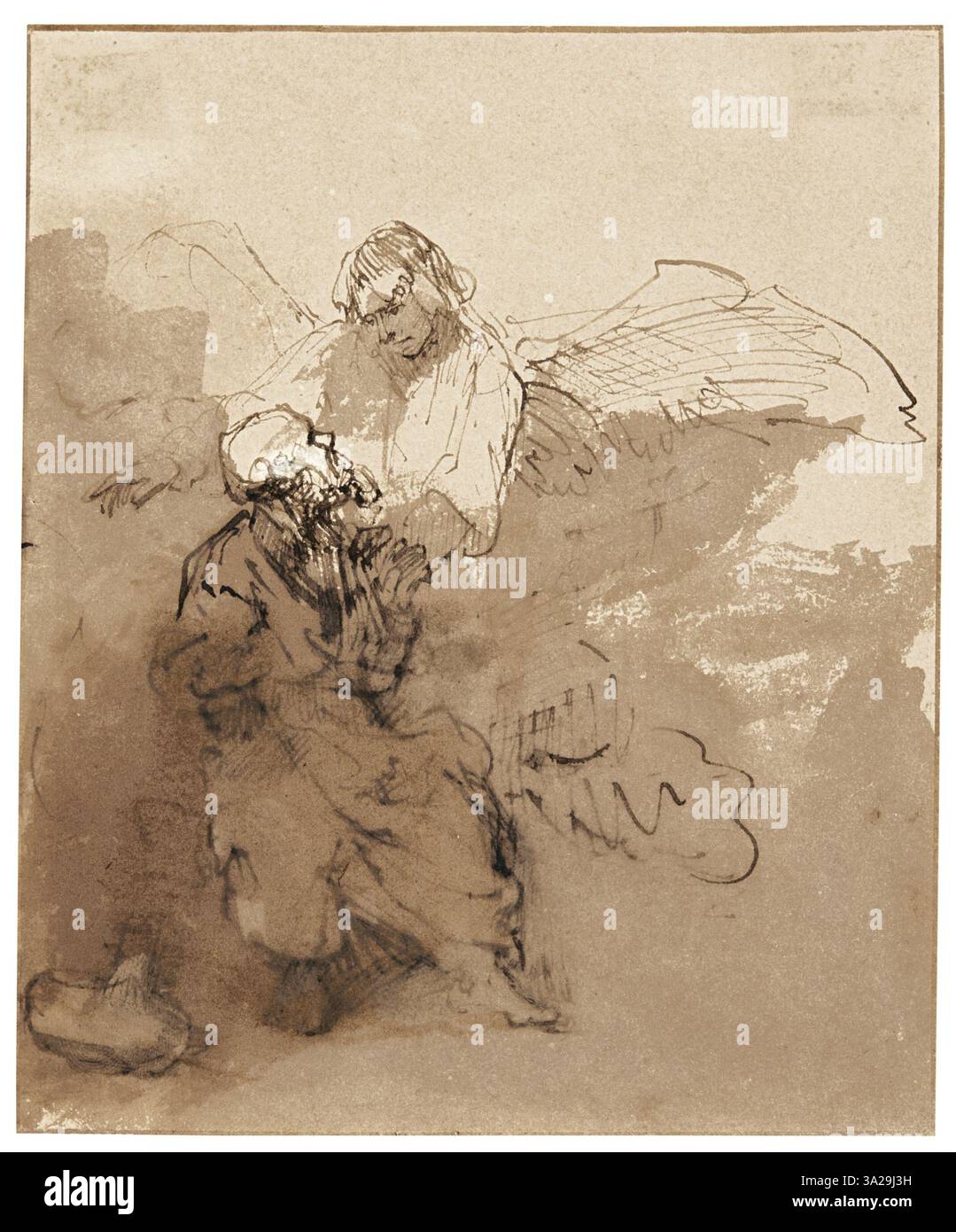Cette peinture de Ferdinand bol représente un ange apparaissant à un vieil homme, capturant le moment de la révélation divine en mettant l'accent sur les figures et leurs expressions émotionnelles. Banque D'Images