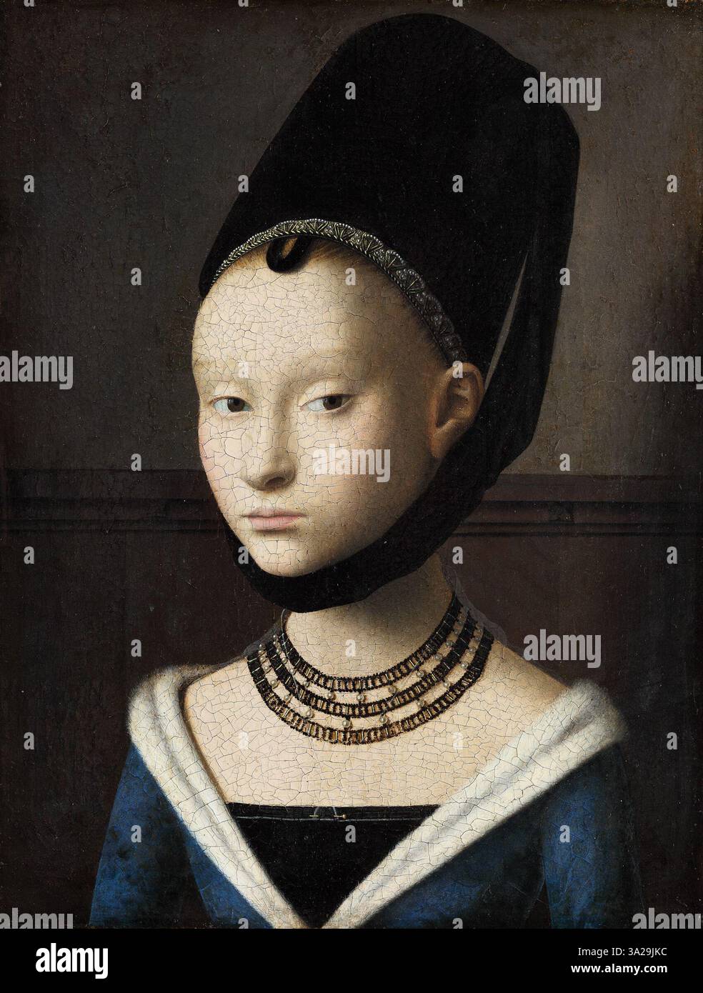 Ce portrait de Petrus Christus, peint entre 1450 et 1475, représente une jeune femme, capturant sa ressemblance avec une grande précision et un détail fin caractéristique des portraits de la Renaissance du Nord. Banque D'Images