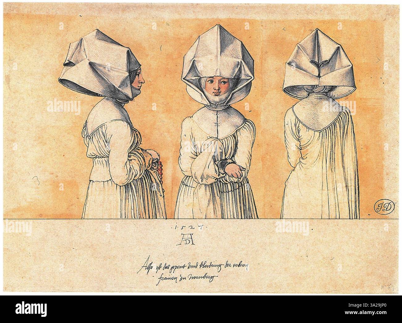 L’étude de Dürer sur le costume d’une femme, présentée sous trois angles, souligne les détails complexes de sa coiffe et de ses vêtements en lin. L’œuvre est une observation attentive de la mode et du design textile de l’époque. Banque D'Images