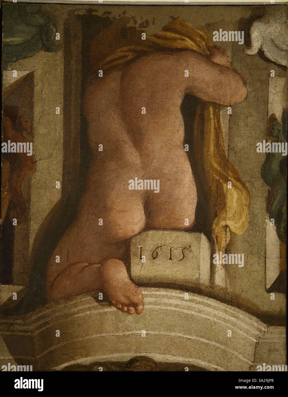 Cette peinture montre un putto (chérubin) représenté par derrière, avec la signature de l'artiste et la date incluses dans la composition. La figure est rendue d'une manière délicate, soulignant son innocence jeune et les contours doux typiques du baroque Banque D'Images