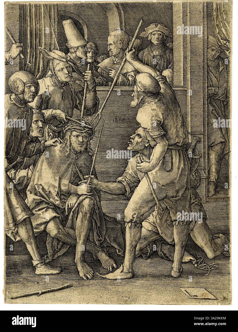 Cette gravure de Lucas van Leyden présente une scène avec des lignes et des ombres précises, capturant un moment de récits religieux ou historiques avec une grande intensité émotionnelle. Banque D'Images Cette gravure de Lucas van Leyden présente une scène avec des lignes et des ombres précises, capturant un moment de récits religieux ou historiques avec une grande intensité émotionnelle. Banque D'Images