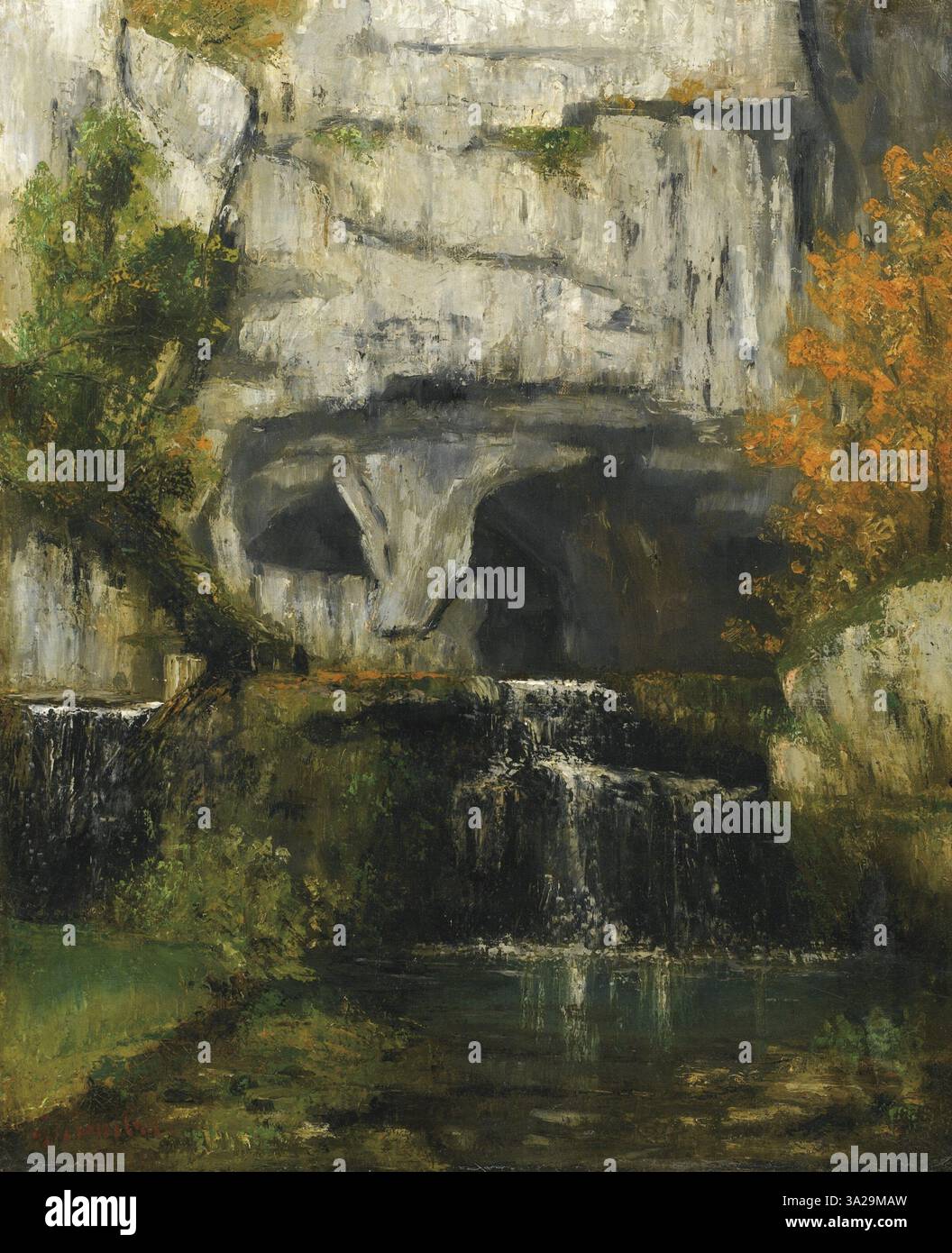 'La source du Lison' de Gustave Courbet représente une source naturelle dans un paysage rocheux accidenté. Courbet capte la beauté brute de la source d’eau, en utilisant son réalisme signature pour mettre en valeur les textures des roches et le mouvement de l’eau. Banque D'Images