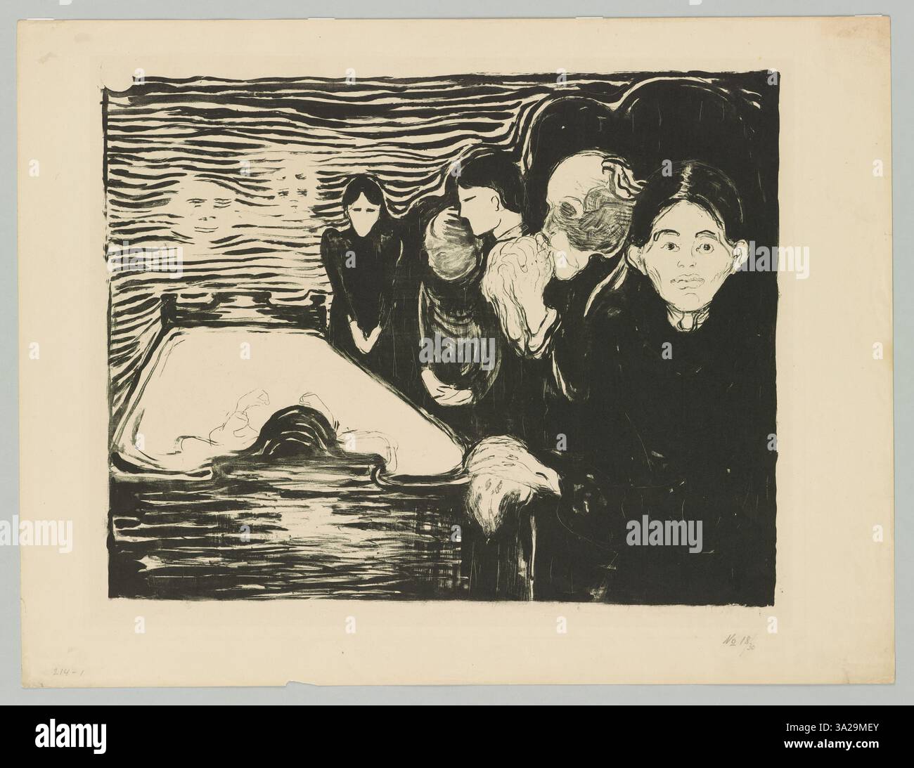 Cette œuvre graphique d’Edvard Munch capture une expression émotionnelle intense, en se concentrant sur les thèmes de la vulnérabilité humaine et de l’isolement. L’utilisation de lignes audacieuses et de tons sombres transmet une profondeur psychologique et un sentiment de détresse existentielle. Banque D'Images