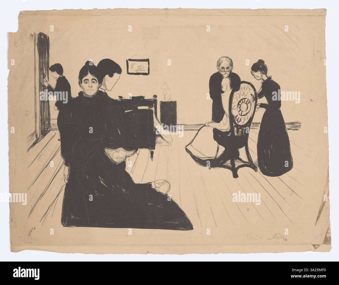 Cette impression d'Edvard Munch présente une figure capturée dans un état introspectif chargé émotionnellement. L’utilisation par Munch de couleurs expressives et de lignes vives traduit la profondeur psychologique de la figure. Banque D'Images