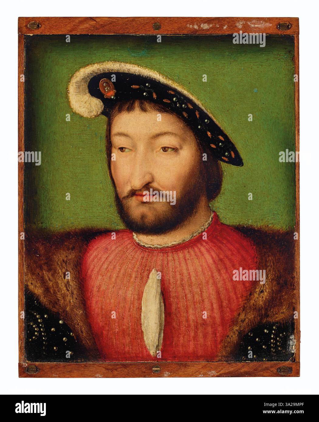 Ce portrait en forme de buste représente le roi François Ier de France, mettant en valeur sa tenue royale et son comportement confiant. La peinture capture l’image du roi en mettant l’accent sur son statut royal, affichant ses vêtements, ses traits faciaux et son expression avec un grand réalisme. Banque D'Images