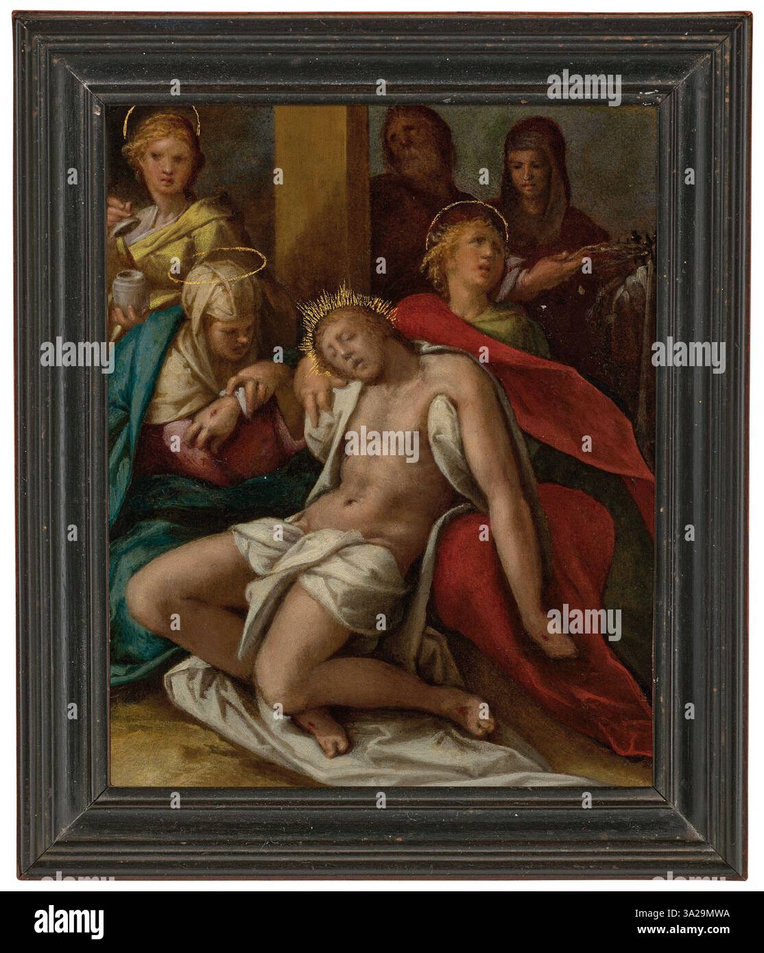 Cette représentation dramatique de la déposition de Bartholomeus Spranger capture le moment émotionnel où le corps du Christ est enlevé de la croix. Les figures sont rendues avec des détails complexes et expriment une profonde tristesse, soulignant la gravité de la scène. Banque D'Images