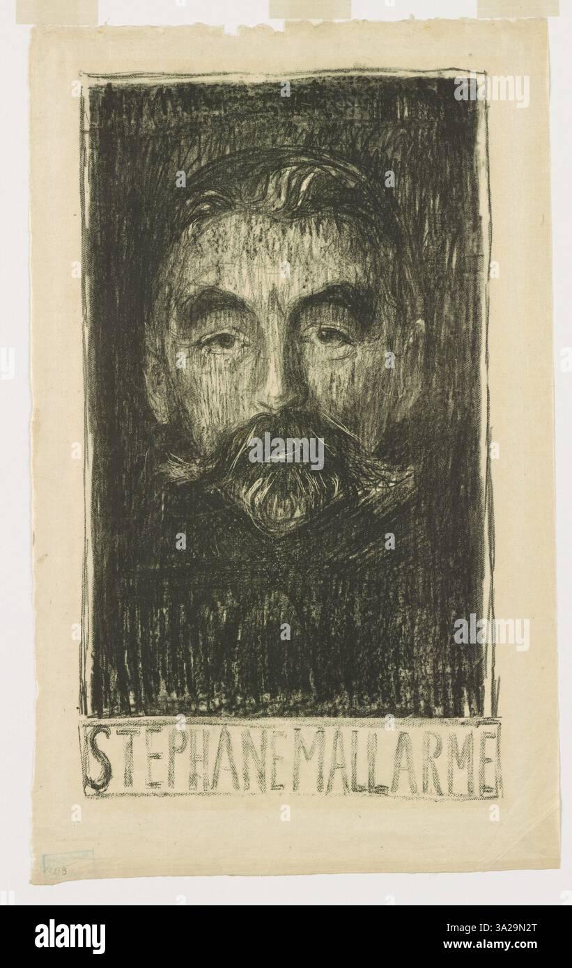 Cette estampe d’Edvard Munch présente une figure perdue dans la pensée, incarnant le thème de la solitude existentielle. L'utilisation de couleurs vives et contrastées transmet une intensité émotionnelle et un conflit psychologique. Banque D'Images
