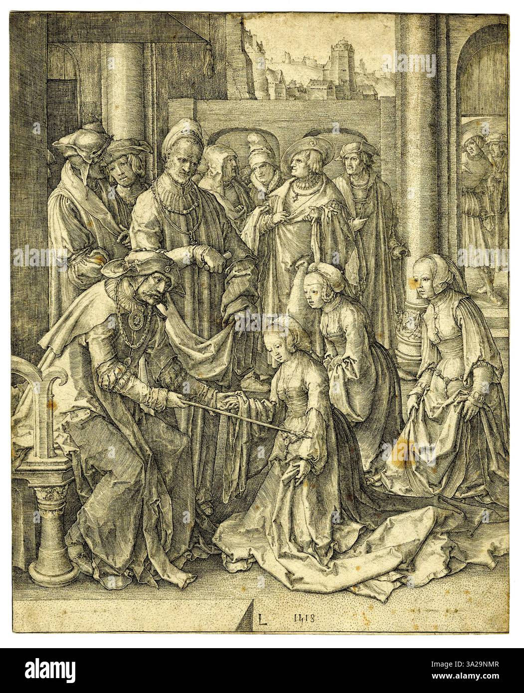 La gravure de Lucas van Leyden capture un sujet historique ou religieux avec précision dans son dessin au trait et son ombrage, soulignant la résonance émotionnelle et la profondeur narrative. Banque D'Images La gravure de Lucas van Leyden capture un sujet historique ou religieux avec précision dans son dessin au trait et son ombrage, soulignant la résonance émotionnelle et la profondeur narrative. Banque D'Images