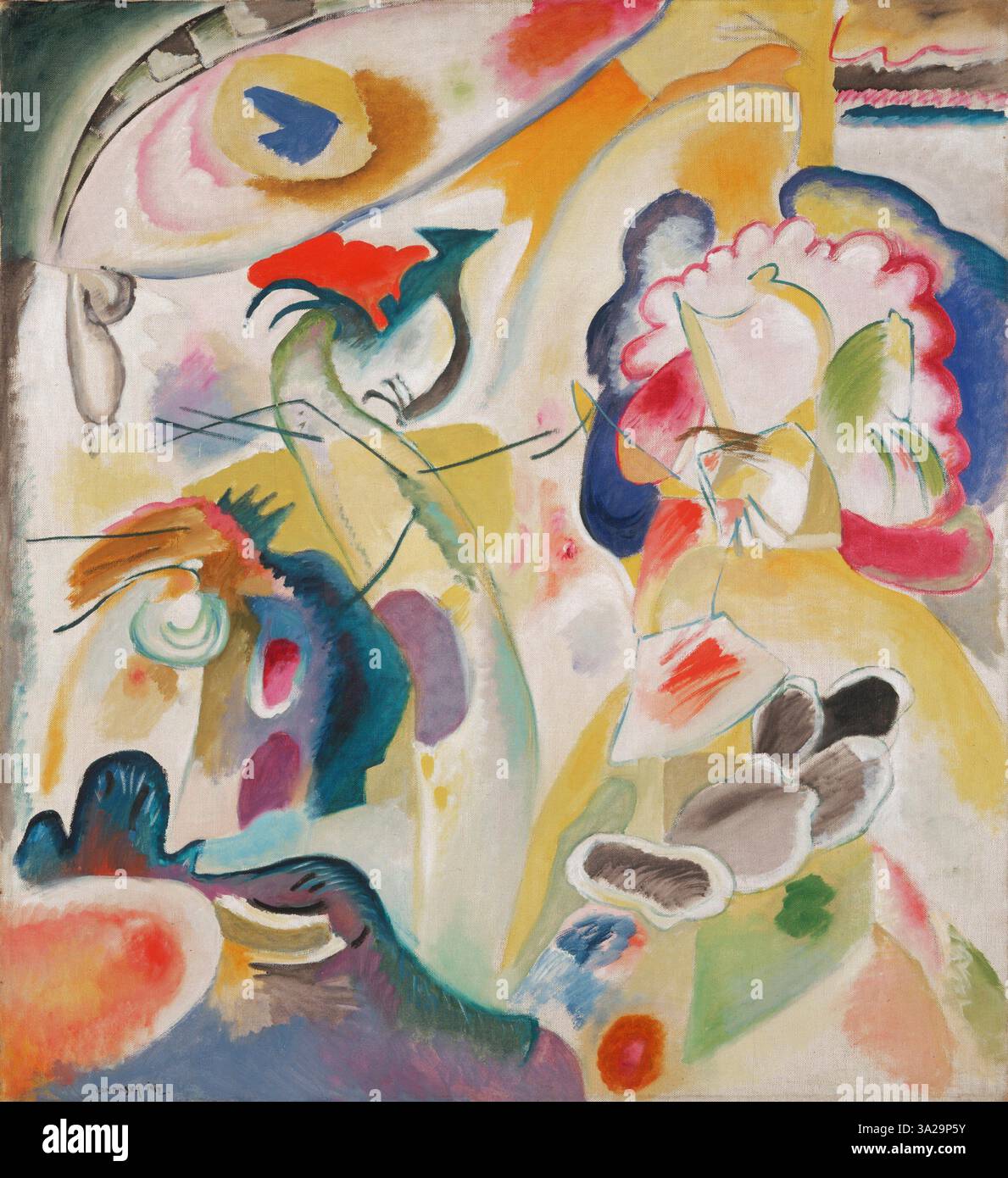'Improvisation No. 29 (The Swan)' (1912) de Wassily Kandinsky présente des formes abstraites aux couleurs éclatantes, suggérant la fluidité d'un cygne en mouvement. La peinture reflète l’exploration par Kandinsky de l’expression émotionnelle de la couleur et de la forme, typique de ses premières œuvres abstraites. Banque D'Images