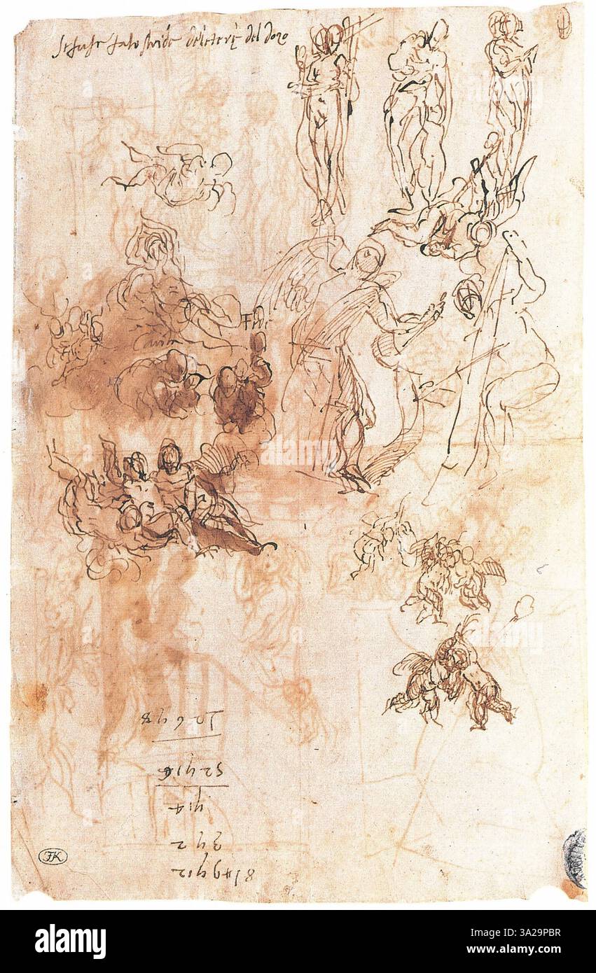 Ce croquis de Veronese représente des personnifications de la foi, de la miséricorde et de l'espoir, aux côtés d'anges jouant de la musique. Les figures sont capturées dans une composition dynamique qui illustre la capacité de Véronèse à rendre des thèmes religieux complexes avec élégance. Banque D'Images