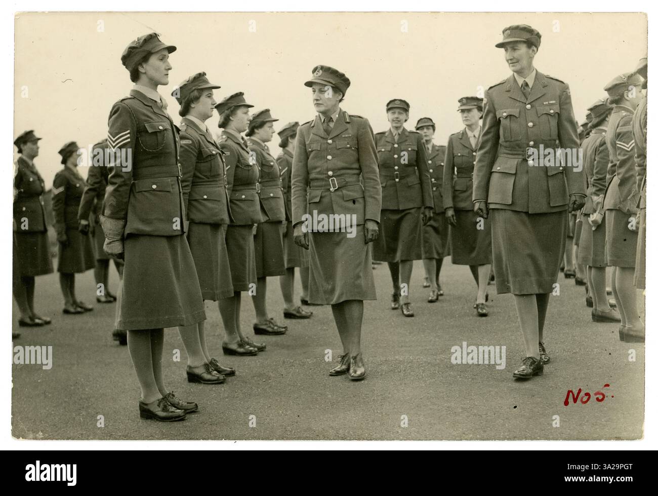 Photographie originale de la seconde Guerre mondiale d'une inspection des femmes dans l'ATS (Service territorial auxiliaire) et le Service de transport des femmes, au verso est écrit caporal Hawking. Daté de 1940 Banque D'Images