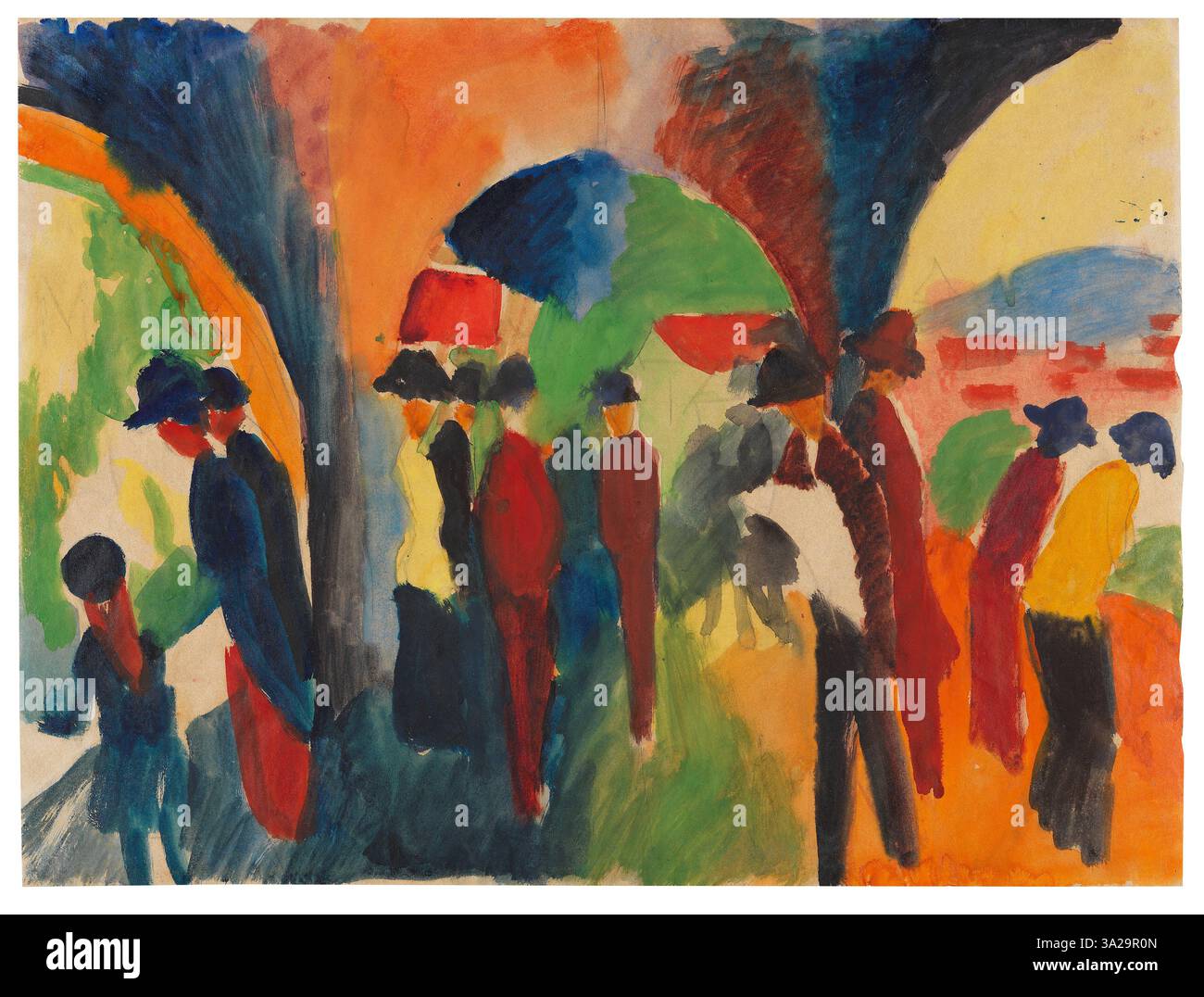 Unter den Lauben von Thun (sous les arches de Thoune) d'August Macke représente une promenade tranquille dans la ville de Thoune. L’œuvre utilise des couleurs vives et des formes dynamiques pour évoquer un sentiment de mouvement et de paix. Banque D'Images