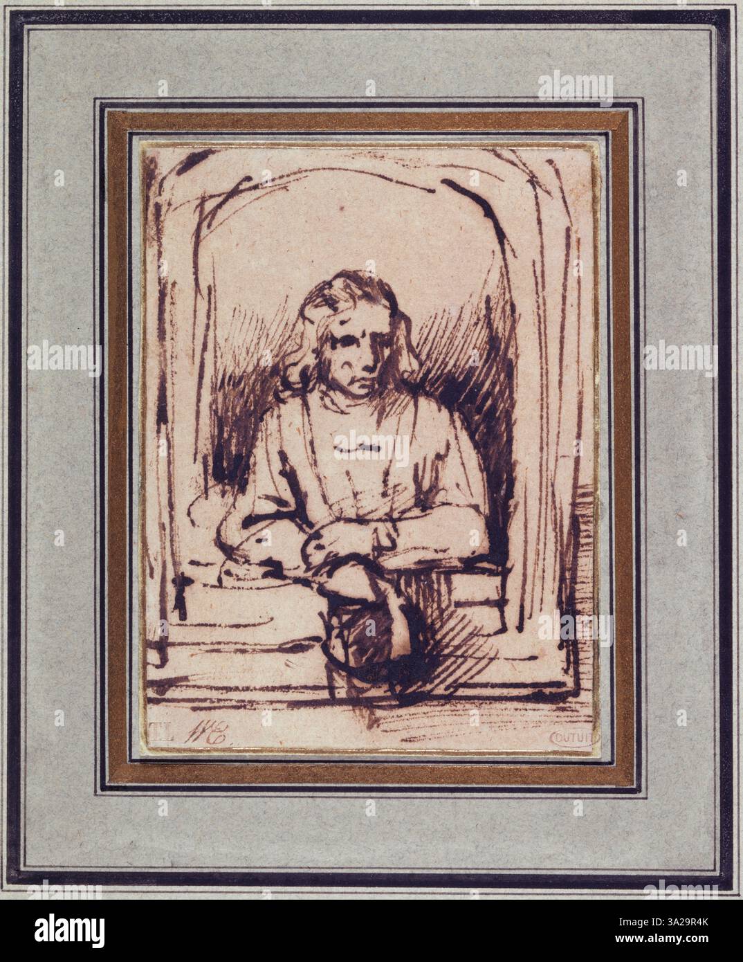 Cette gravure de Rembrandt représente un homme dans une embrasure de fenêtre, tenant son bonnet. La composition se concentre sur la posture et l’expression de la figure, rehaussées par les détails architecturaux environnants. Banque D'Images