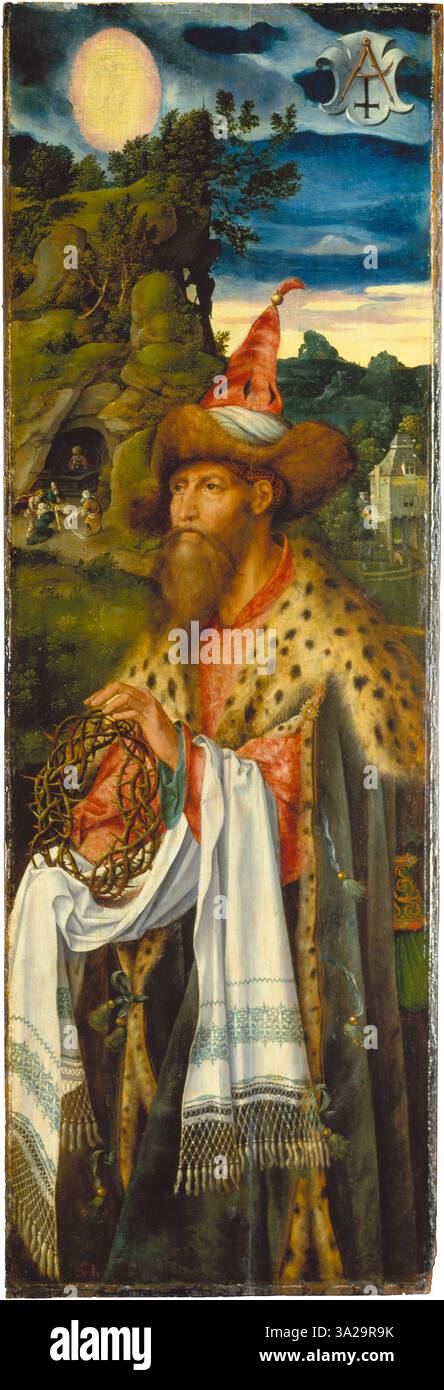 Cette peinture de 1524 de Joos van Cleve représente Joseph d'Arimathée, une figure clé de la tradition chrétienne connue pour avoir enterré Jésus-Christ. L'œuvre d'art met en évidence la nature sombre de la scène, avec Joseph dépeint tenant le corps du Christ. Le style reflète l'art religieux de la Renaissance avec un rendu détaillé et des contrastes de couleurs vibrants. Banque D'Images