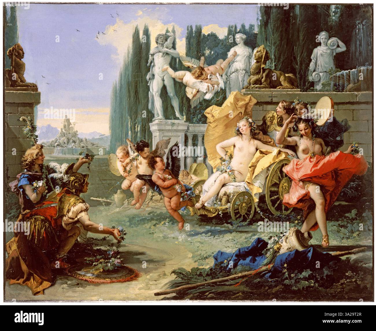 « L'Empire de la flore » de Tiepolo datant d'environ 1743 représente Flora, la déesse romaine des fleurs et du printemps, entourée d'éléments floraux vibrants. La peinture illustre l'utilisation par Tiepolo de la composition dynamique et des couleurs vives typiques du style rococo. Banque D'Images
