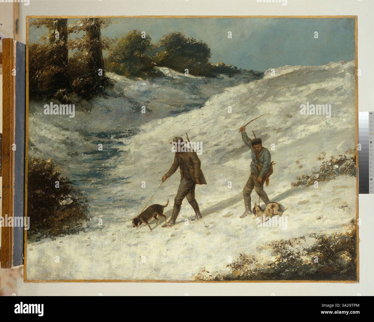 *Les braconniers dans la neige* (braconniers dans la neige) de 1867 représente un groupe de braconniers dans un paysage enneigé. L’œuvre met en évidence la compétence de Courbet à capturer l’environnement sombre et hivernal et les dures réalités de la vie rurale. Banque D'Images