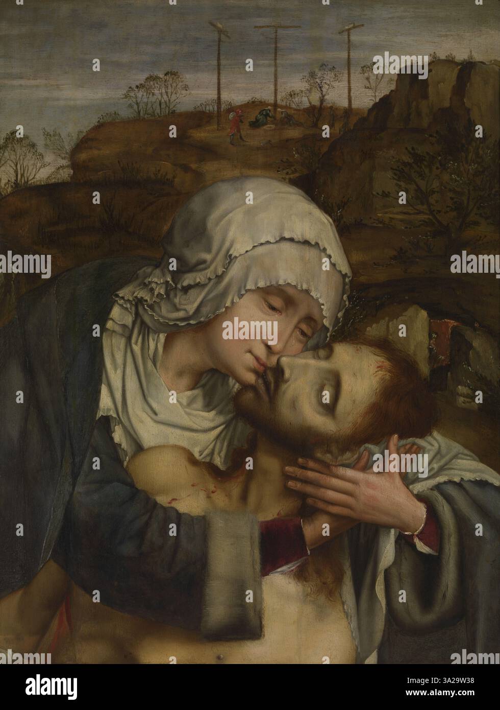 Massys’ Pietà représente la Vierge Marie en deuil du corps du Christ, soulignant la tristesse et le chagrin du moment. La manipulation délicate des figures est caractéristique de l'approche détaillée de Massys à l'égard des sujets religieux. Banque D'Images