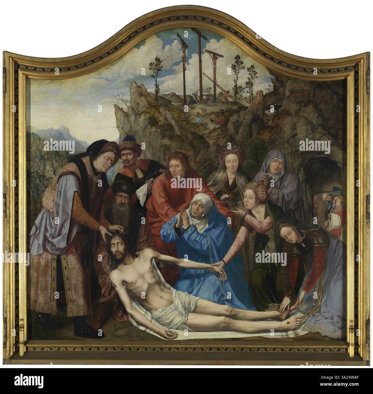 Quinten Massys « la Lamentation sur le Christ mort » dépeint la scène douloureuse du corps du Christ en préparation pour l’enterrement. La peinture capture la gravité émotionnelle de la mort du Christ, caractéristique de l’approche détaillée de Massys à l’égard des sujets religieux. Banque D'Images