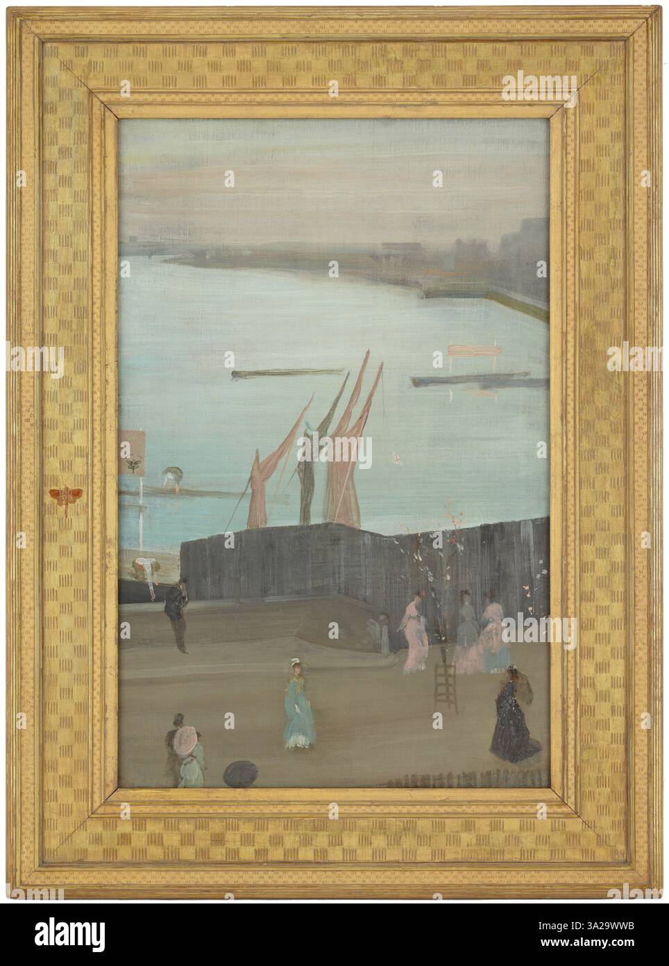 « Variations in Pink and Grey Chelsea » présente une interaction délicate entre les teintes rose et grise. La composition se concentre sur la capture de la lumière et de l'atmosphère, démontrant l'utilisation caractéristique de Whistler de couleurs sourdes pour évoquer l'humeur et le ton dans les scènes urbaines. Banque D'Images
