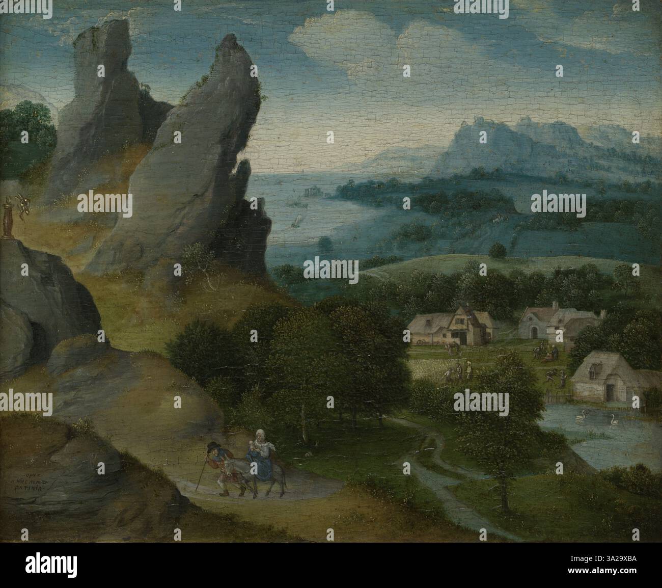 « Paysage avec la fuite en Égypte » de Joachim Patinir dépeint le voyage de la Sainte famille en Égypte pour échapper au décret du roi Hérode. La peinture met en valeur un vaste paysage panoramique, caractéristique du style de Patinir, avec des figures placées sur fond de paysages naturels spectaculaires, mettant en évidence les thèmes du voyage et du refuge. Banque D'Images