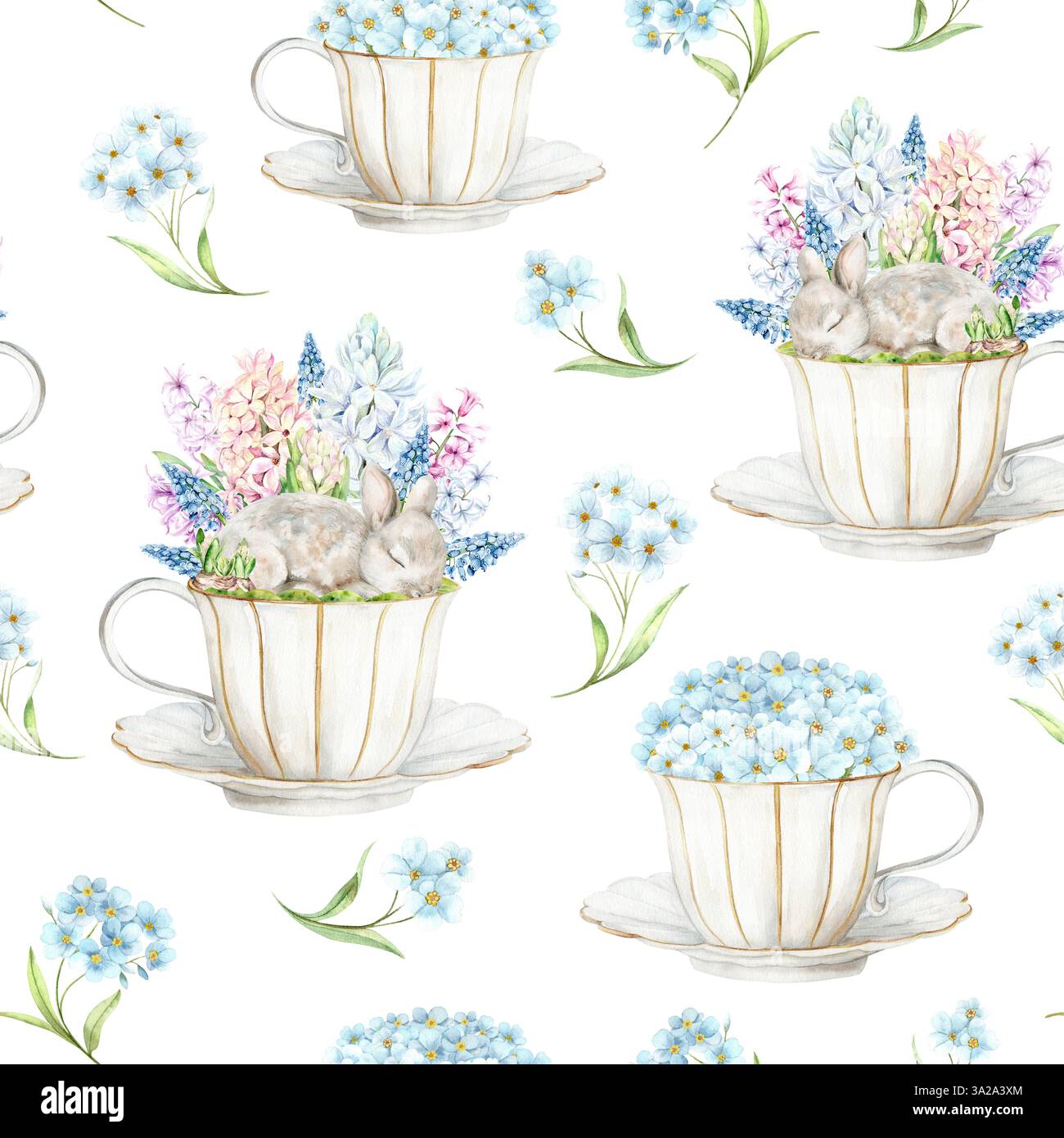 Un joli lapin endormi dans une tasse en porcelaine blanche avec jacinthes, mimosa et œufs de caille sur un fond blanc. L'illustration est dessinée à la main à l'aquarelle. Idéal pour les textiles, l'emballage et le design Banque D'Images