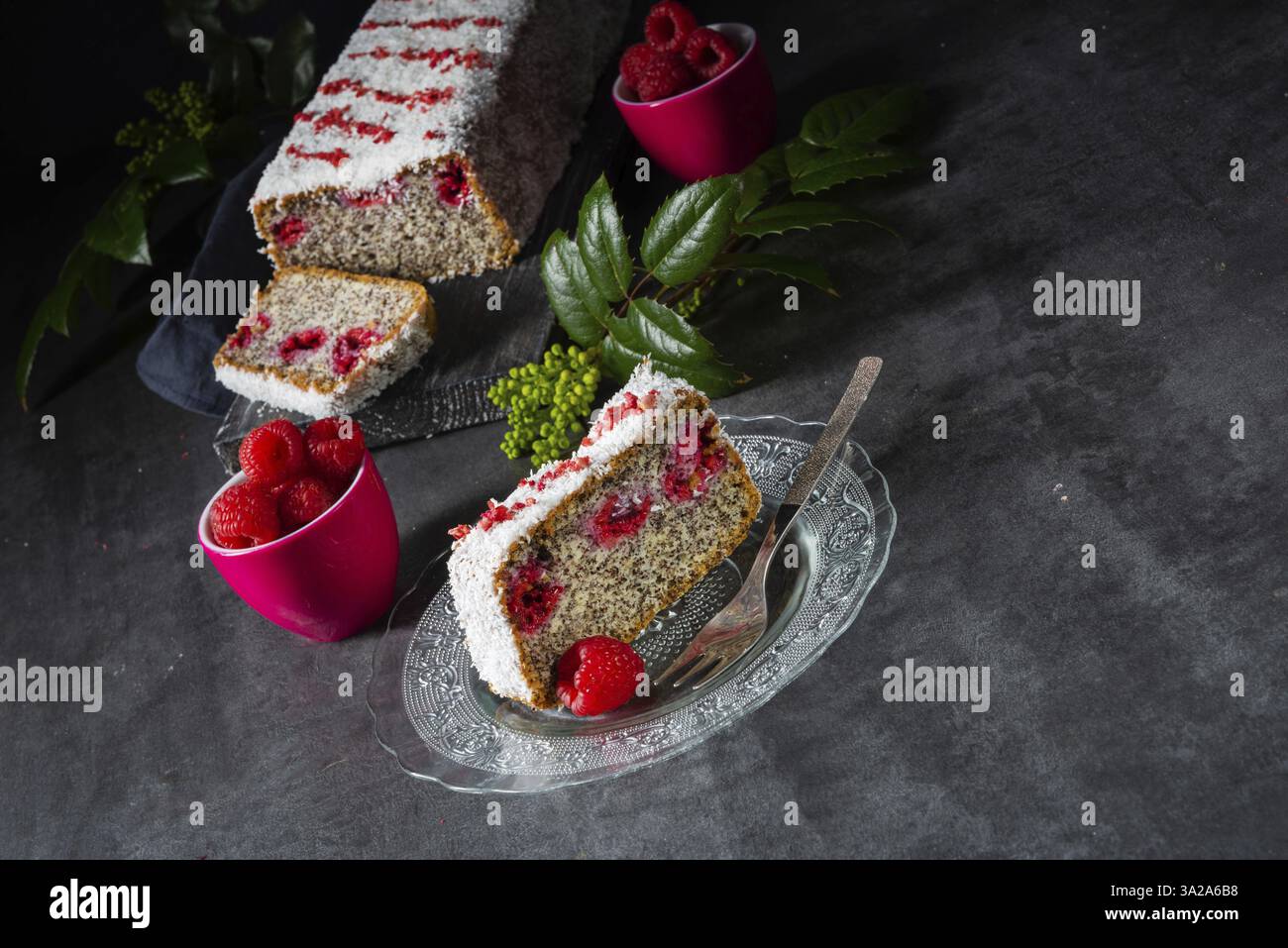 Gâteau aux graines de pavot aux framboises et à la noix de coco desséchée Banque D'Images