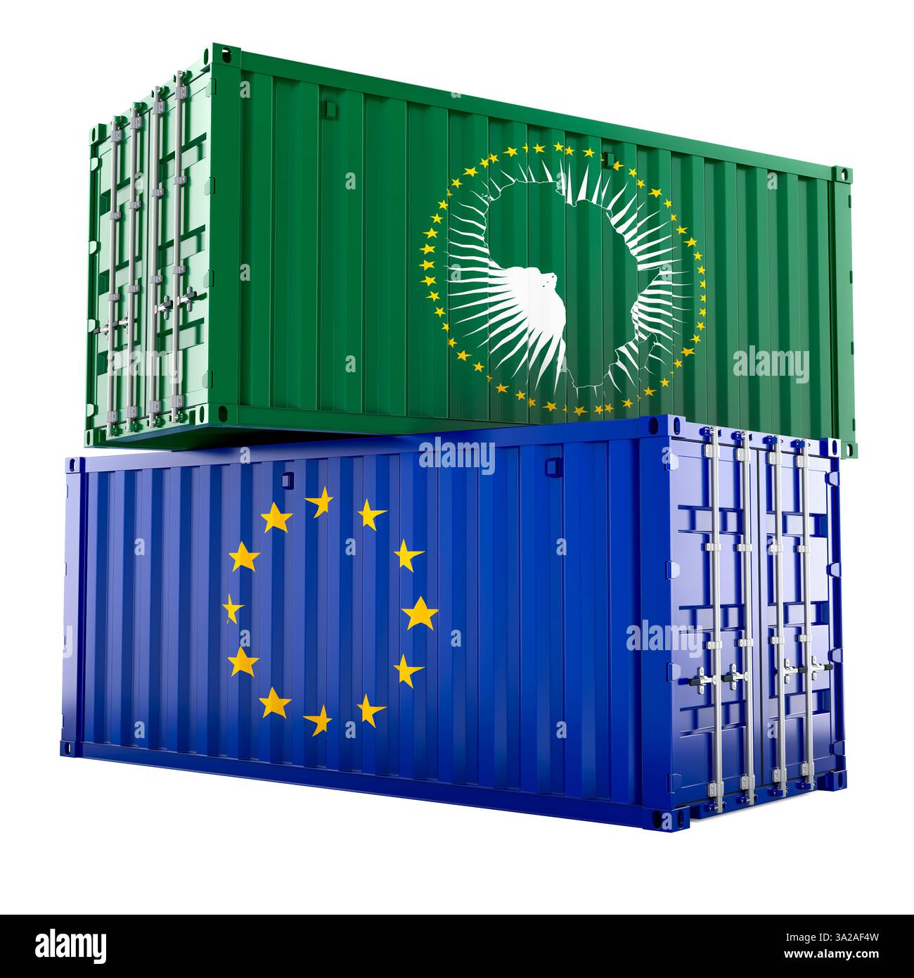 Accords commerciaux entre l'Union africaine et l'Union européenne, concept. Conteneurs de fret avec pavillon de l'Union africaine et pavillon de l'UE. iso de rendu 3D. Banque D'Images