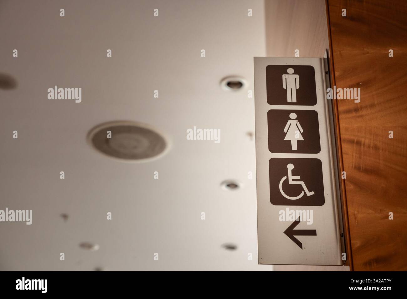 Panneau de direction intérieur pointant vers les toilettes, indiquant les zones d'accès pour hommes, femmes et handicapés dans un bâtiment public. Banque D'Images