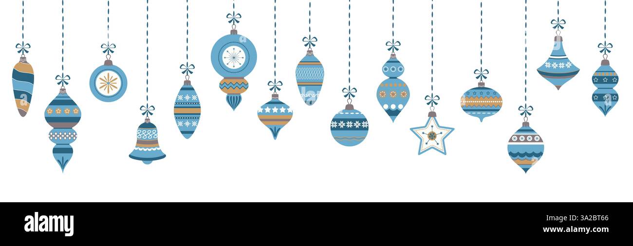 illustration vectorielle eps avec différentes boules d'arbre de noël élégantes vintage avec ornements et décorations de fête de couleur bleue Illustration de Vecteur