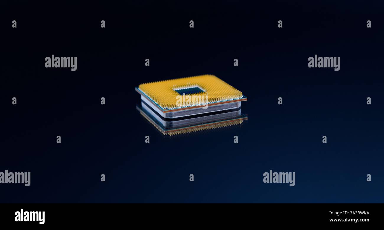 Unité centrale UC ou ordinateur à puce isolé sur fond bleu foncé. Côté broche d'un processeur CPU. Banque D'Images