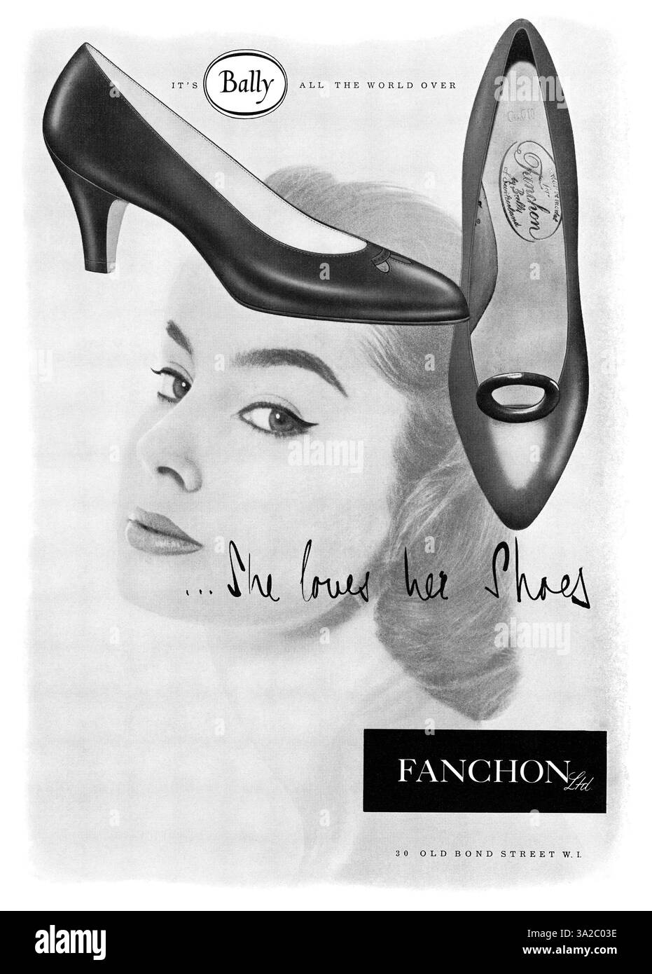 1955 publicité de mode féminine britannique pour les chaussures Fanchon par Bally. Banque D'Images