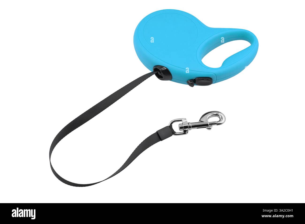 Laisse rétractable pour chien isolé sur fond blanc. Laisse rétractable pour chien avec corps en plastique et fermoir en métal isolé. Banque D'Images