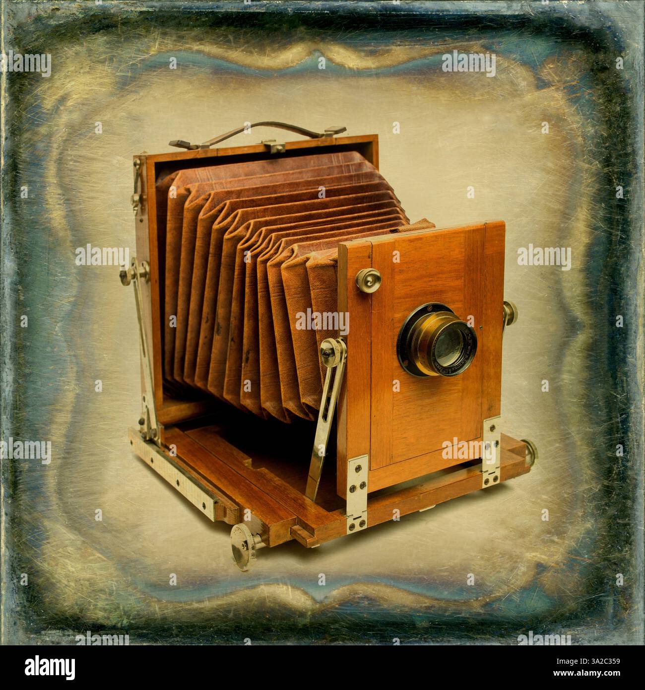 Vieil appareil photo en bois avec soufflet affiché sur un fond vintage texturé, mettant en valeur l'artisanat d'une époque révolue de la photographie Banque D'Images