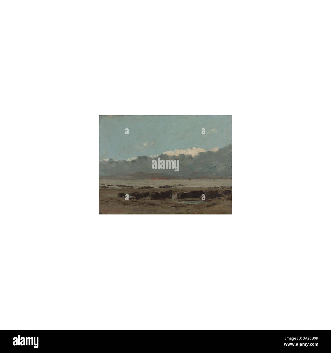 'Les roches noires' (les roches noires) de Gustave Courbet présente un paysage marin spectaculaire avec des roches sombres et dentelées contrastant avec l'océan turbulent. L’œuvre met l’accent sur la puissance brute de la nature, capturant à la fois la solidité des roches et le mouvement de la mer. Banque D'Images