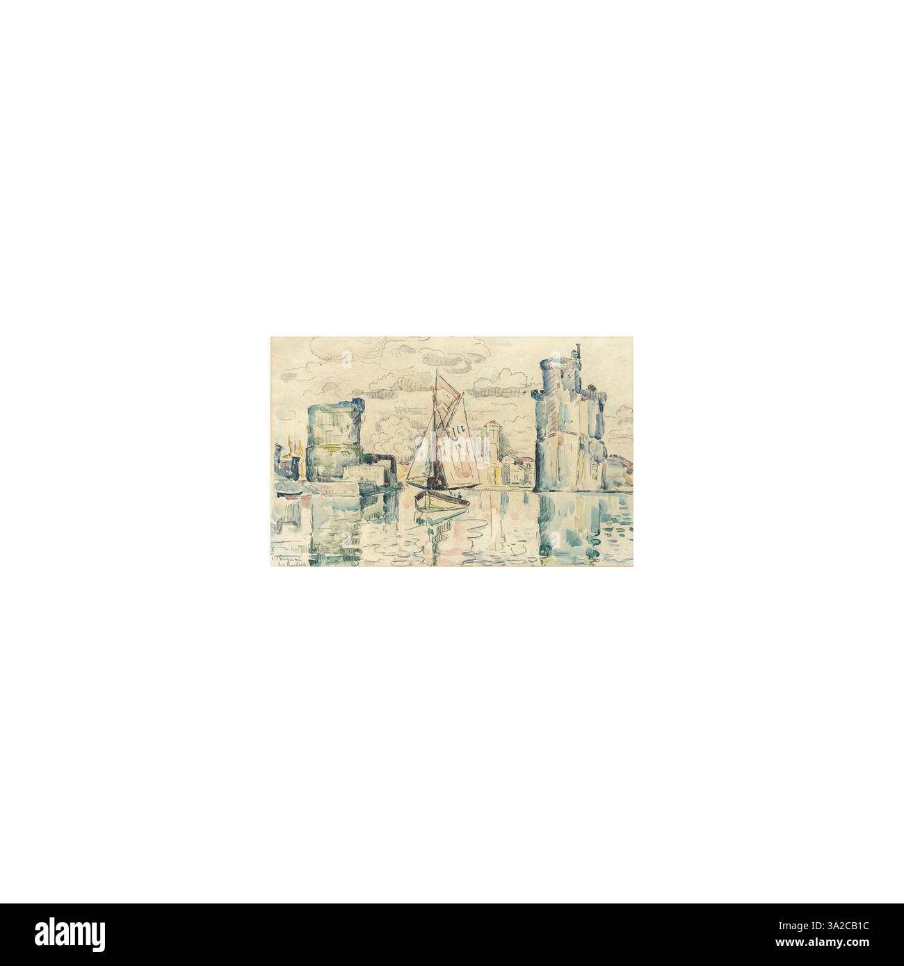 'La Rochelle' présente une représentation vibrante du port, mettant en valeur les bateaux et les reflets de l'eau dans le style pointilliste caractéristique de Signac. La scène capture l'atmosphère dynamique de la ville côtière. Banque D'Images