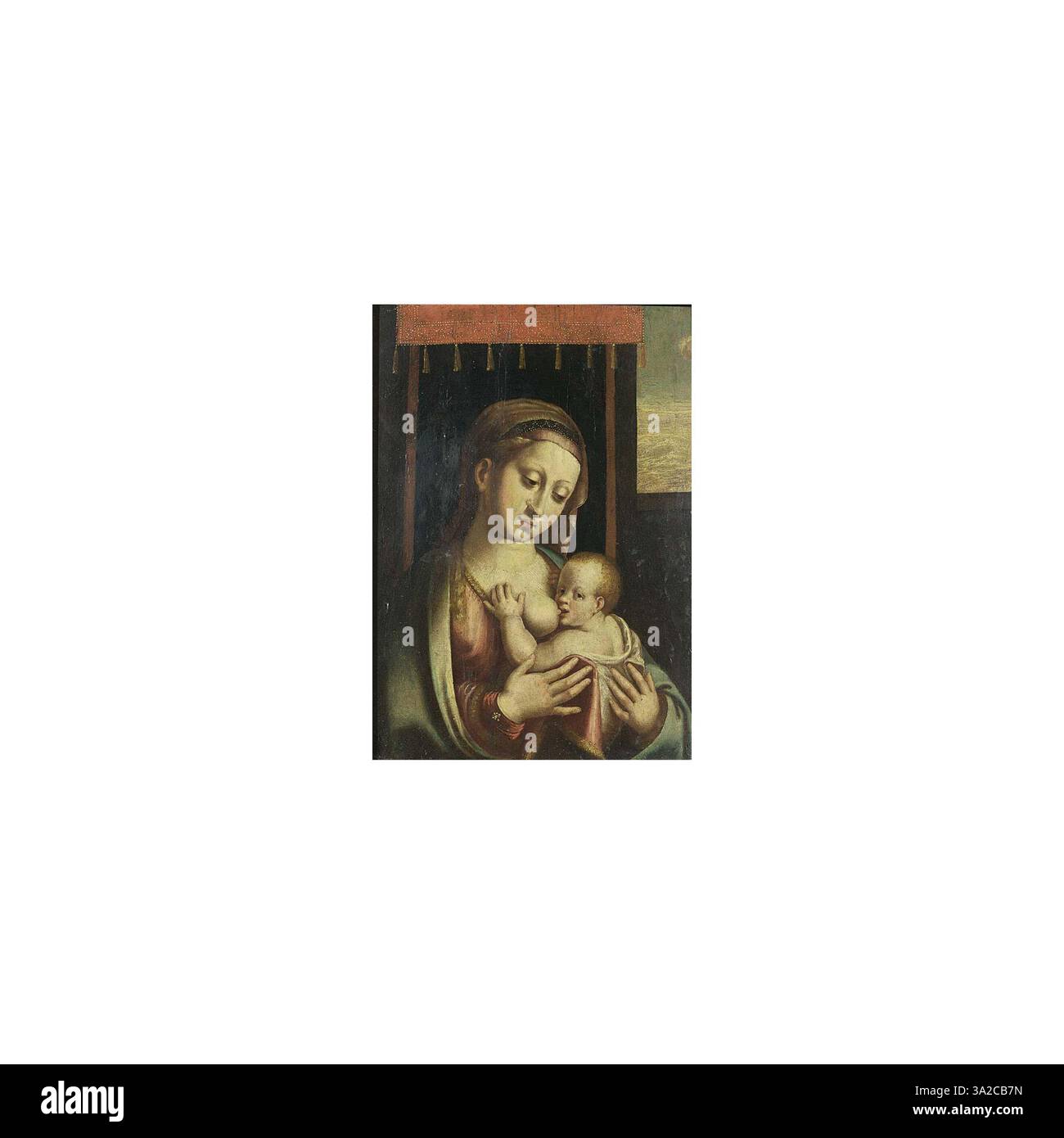 Une Vierge à l'enfant, peinte à la manière de Joos van Cleve, représentant la Vierge Marie et l'enfant Jésus dans un cadre religieux traditionnel. L'œuvre est de circa 1485-1540/1541. Banque D'Images