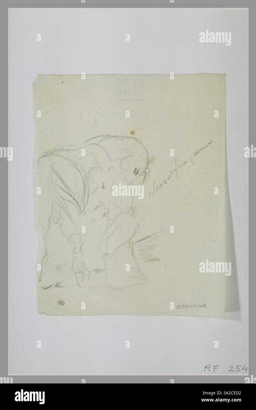 Le croquis de Chassériau montre une figure masculine qui toilette un cheval, capturant l’interaction entre l’humain et l’animal. La posture de la figure et la forme du cheval sont délicatement rendues, en se concentrant sur l’acte de soin et d’attention. Banque D'Images