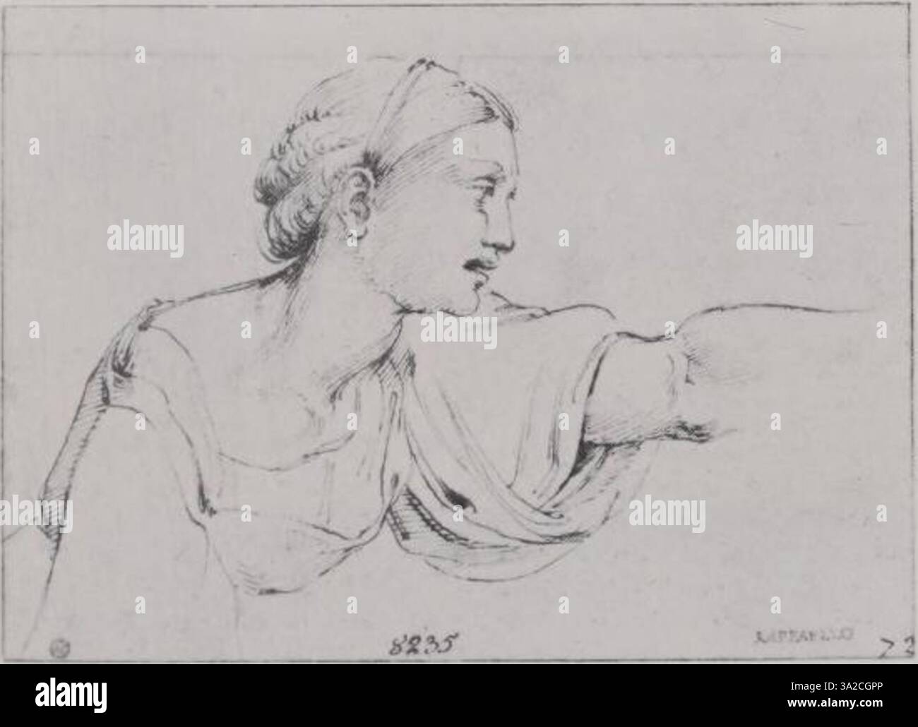 Dans ce dessin, Raphaël présente une étude de la figure humaine avec des proportions raffinées et une attention subtile aux détails anatomiques, typiques de ses travaux préparatoires. Banque D'Images