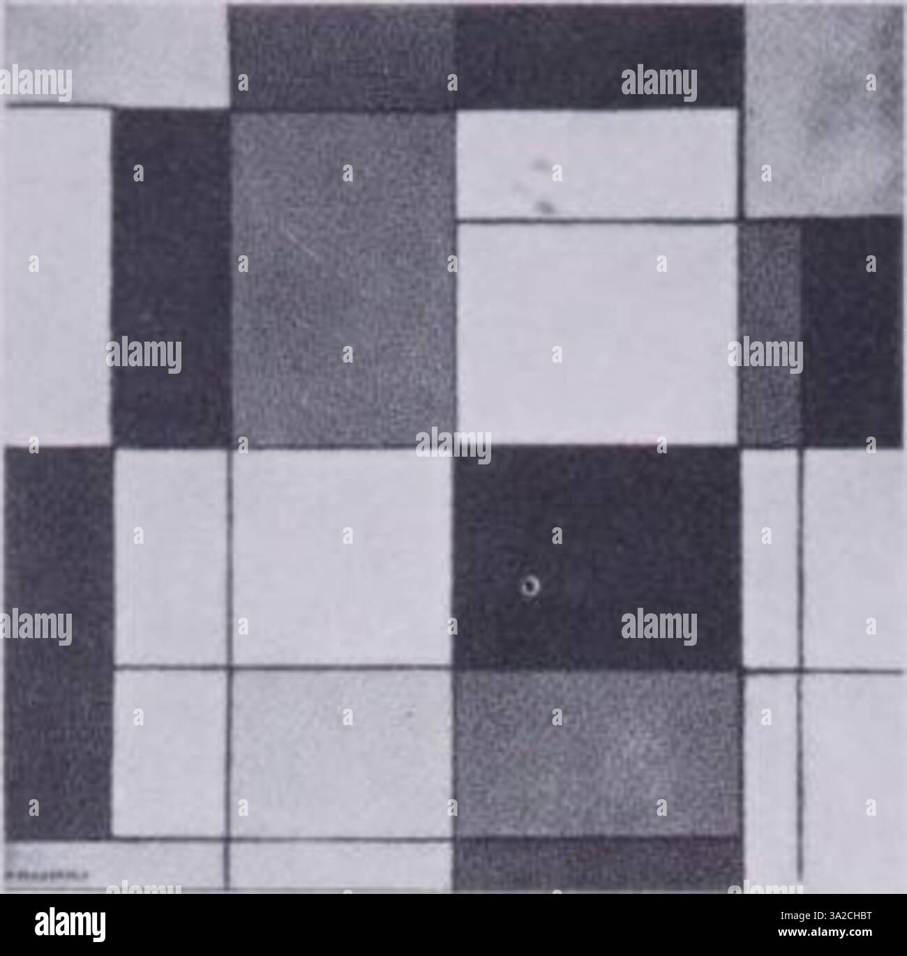 Le travail de Piet Mondrian illustre sa maîtrise de l’abstraction géométrique. En utilisant une grille stricte de lignes verticales et horizontales, il arrange les couleurs primaires et le noir, explorant l'équilibre entre la forme et la couleur. Banque D'Images