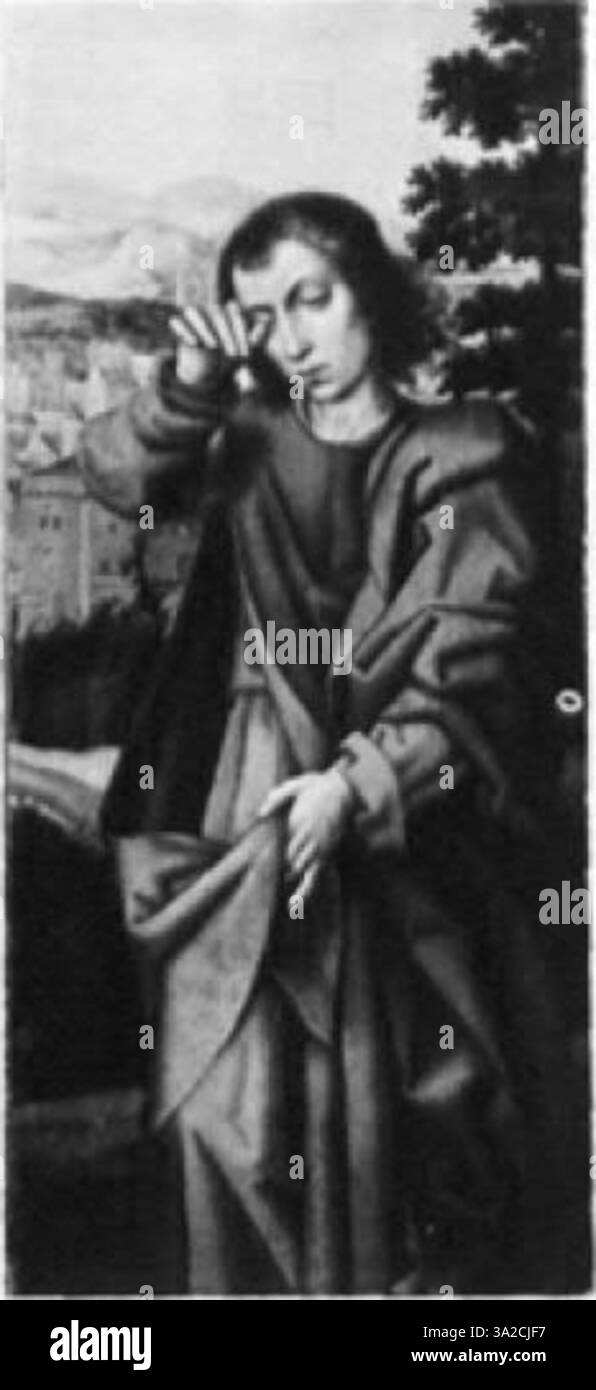La peinture d’Adriaen Ysenbrant reflète le maniérisme anversois avec des figures allongées, des contrastes dramatiques de lumière et une iconographie religieuse complexe. Les expressions émotionnelles contribuent au récit spirituel global. Banque D'Images